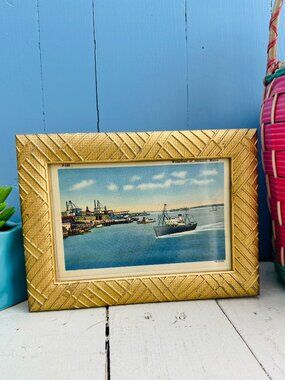 Vintage Gold Framed Portland Maine Postcard, Nautical Ship Picture, Seaport